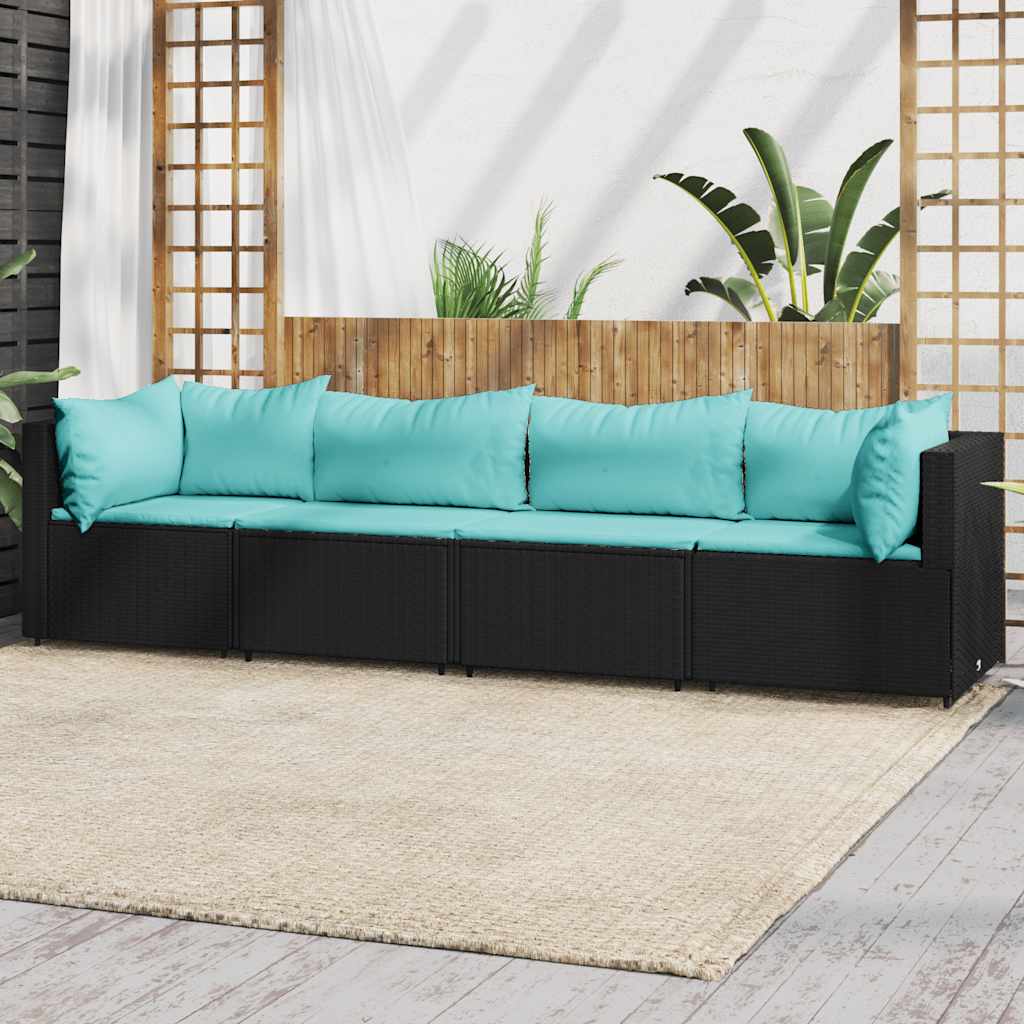 Set Divani da Giardino 4 pz con Cuscini Nero in Polyrattan | homemem39