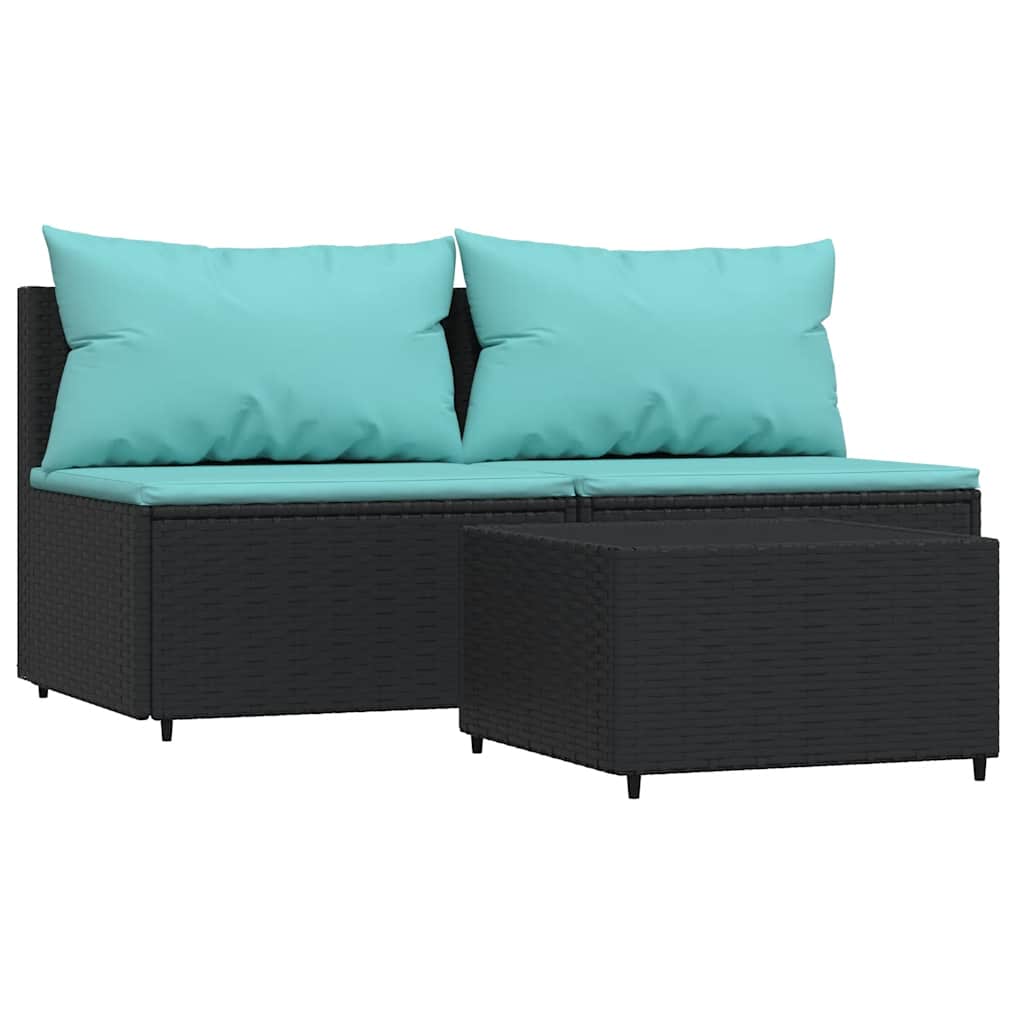 Set Divani da Giardino 3 pz con Cuscini Nero in Polyrattan | homemem39