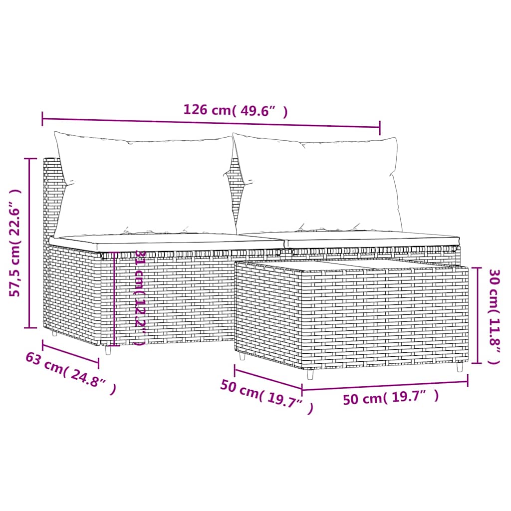 Set Divani da Giardino 3 pz con Cuscini Nero in Polyrattan | homemem39