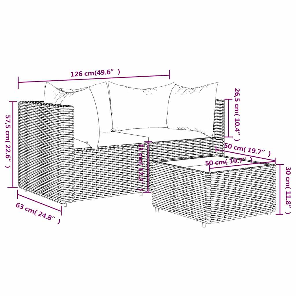 Set Mobili da Giardino 3 pz con Cuscini in Polyrattan Marrone | homemem39