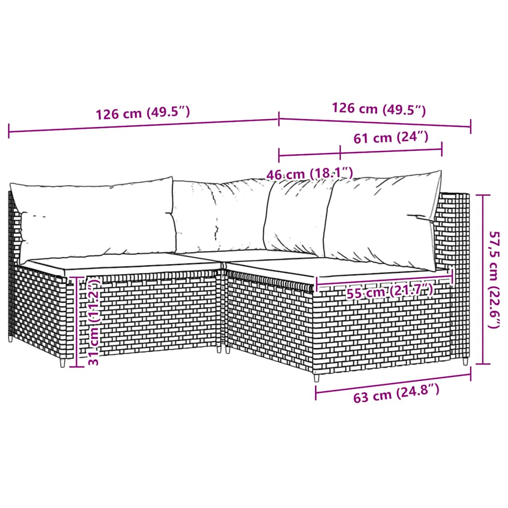 Set Divani da Giardino 3 pz con Cuscini in Polyrattan Grigio | homemem39