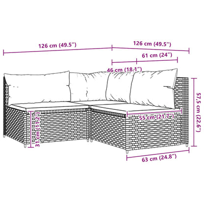 Set Divani da Giardino 3 pz con Cuscini in Polyrattan Grigio | homemem39