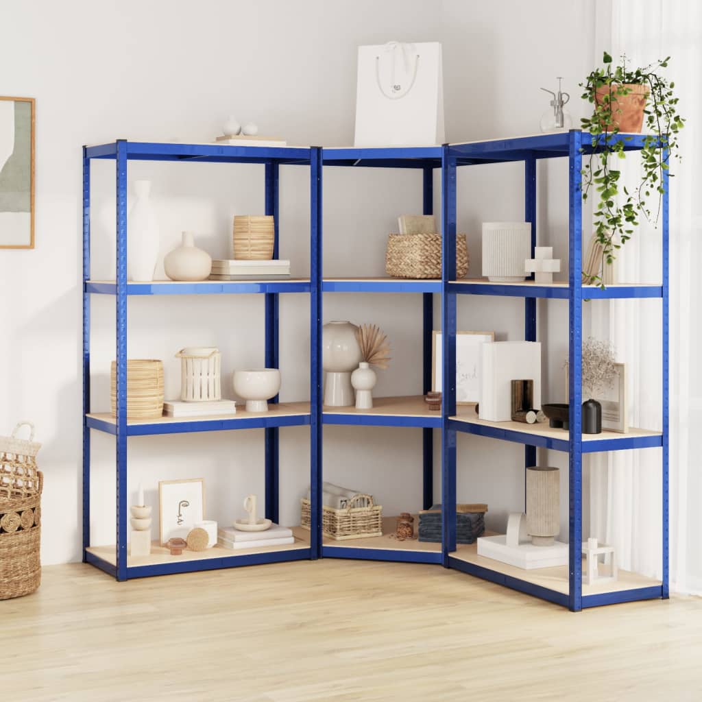 Scaffali a 4 Ripiani 3 pz Blu in Acciaio e Legno Multistrato | homemem39