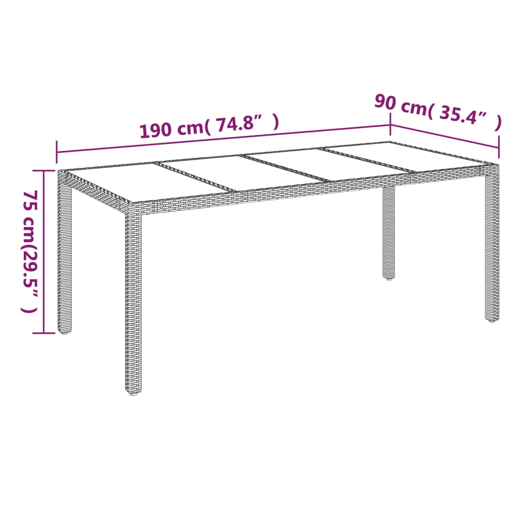 Tavolo da Giardino Piano in Vetro Nero 190x90x75 cm Polyrattan