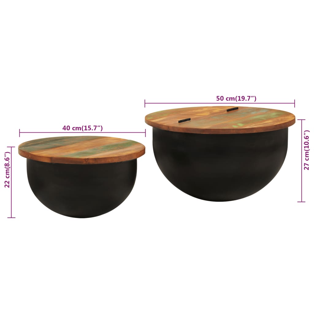 Set Tavolini da Salotto 2 pz Nero in Legno Massello di Recupero | homemem39