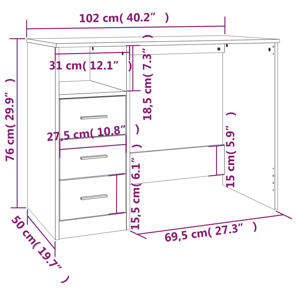 Scrivania Cassetti Grigio Sonoma 102x50x76 cm Legno Multistrato - homemem39