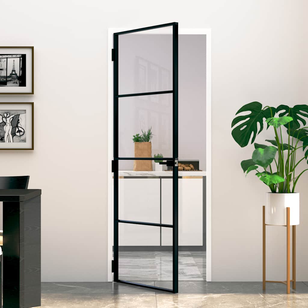 Porta Interna Nera 76x201,5cm Vetro Temperato Alluminio Sottile | homemem39