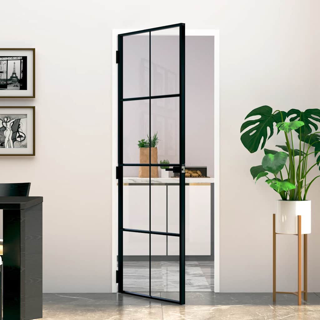 Porta Interna Nera 76x201,5cm Vetro Temperato Alluminio Sottile | homemem39