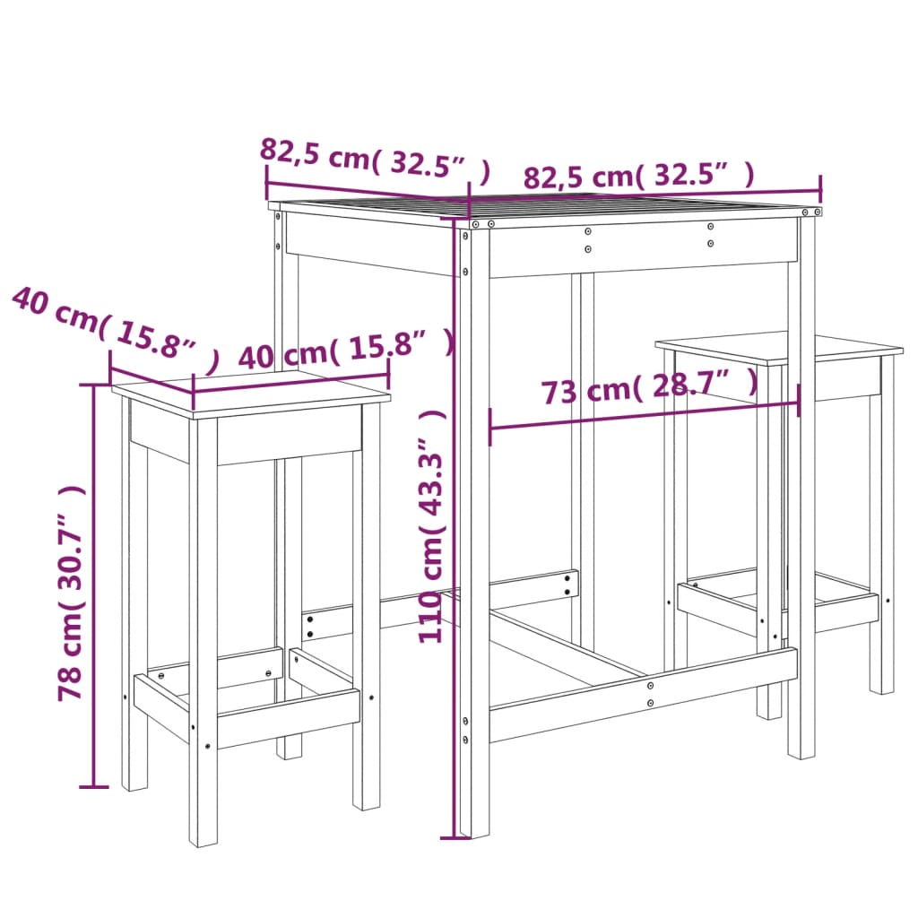 Set Bar da Giardino 3 pz Bianco in Legno Massello di Pino | homemem39