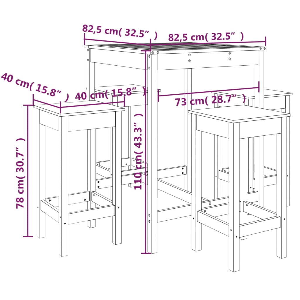 Set Bar da Giardino 5 pz Nero in Legno Massello di Pino - homemem39
