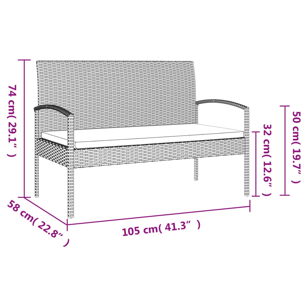 Panca da Giardino con Cuscino Nera 105 cm in Polyrattan | homemem39