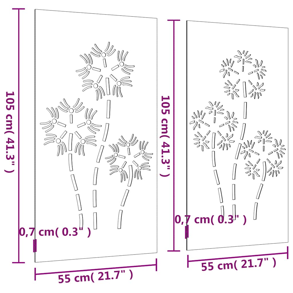 Decorazioni Muro da Giardino 2pz 105x55 cm Fiore Acciaio Corten | homemem39