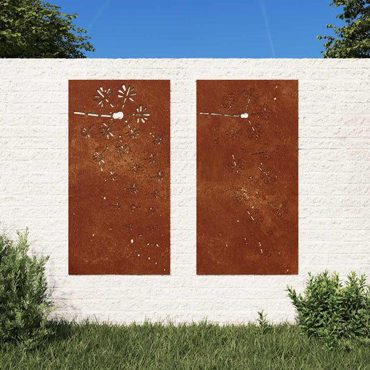 Decorazioni Muro da Giardino 2pz 105x55 cm Fiore Acciaio Corten | homemem39