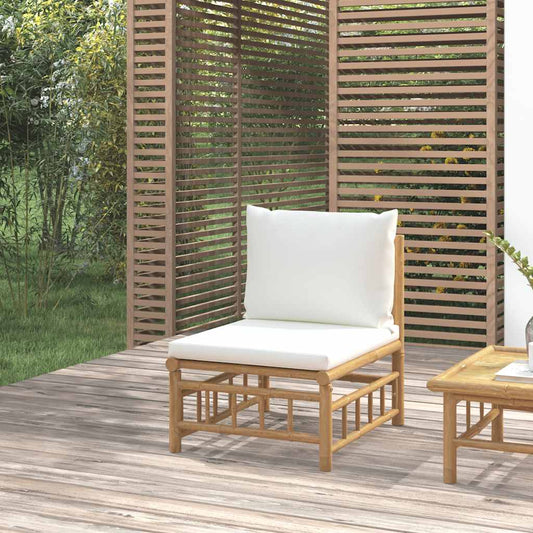 Divano Centrale da Giardino con Cuscini Bianco Crema in Bambù