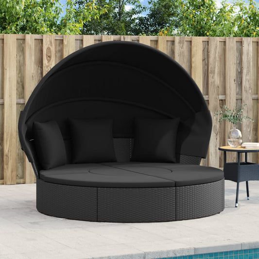 Lettino Prendisole Esterno Tetto e Cuscini Nero in Polyrattan | homemem39