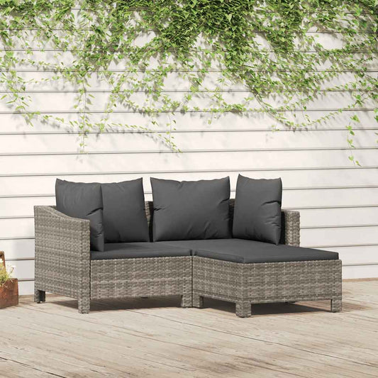 Set Divani da Giardino 3 pz con Cuscini in Polyrattan Grigio