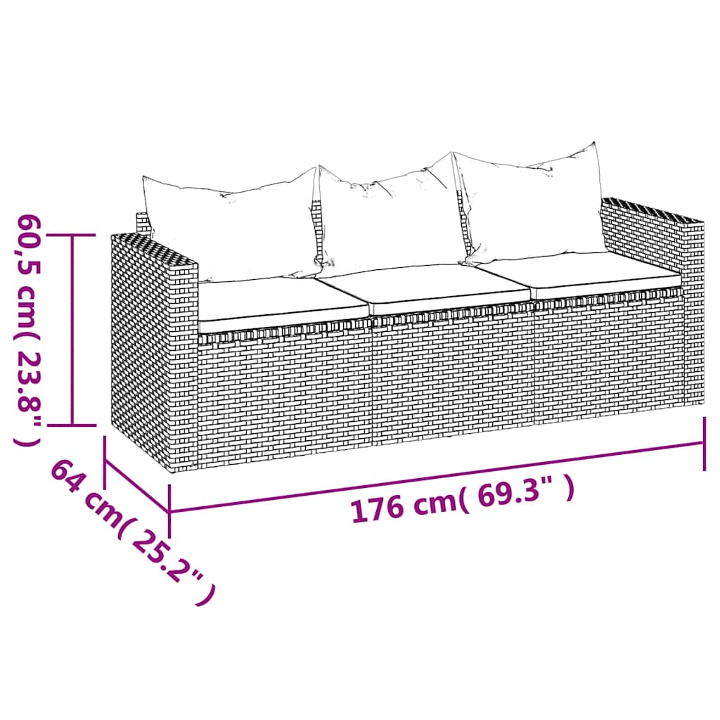 Divano da Giardino a 3 Posti con Cuscini in Polyrattan Marrone | homemem39