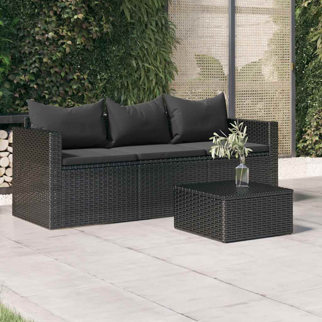Divano da Giardino a 3 Posti con Cuscini Nero in Polyrattan | homemem39