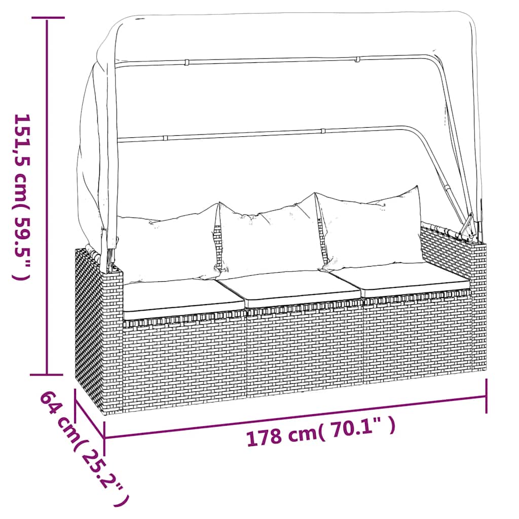 Divano Giardino 3 Posti con Tetto e Poggiapiedi Nero Polyrattan - homemem39