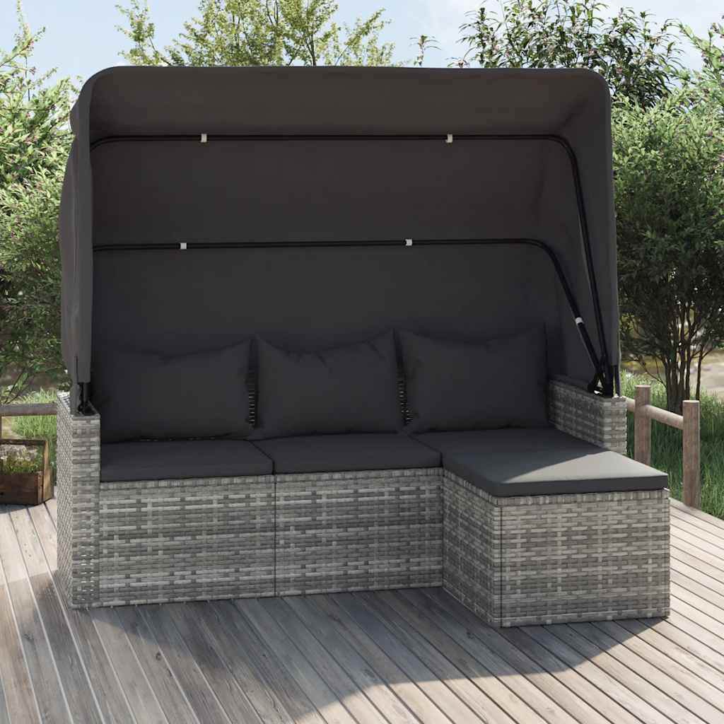 Divano Giardino 3 Posti Tetto e Poggiapiedi Grigio Polyrattan | homemem39