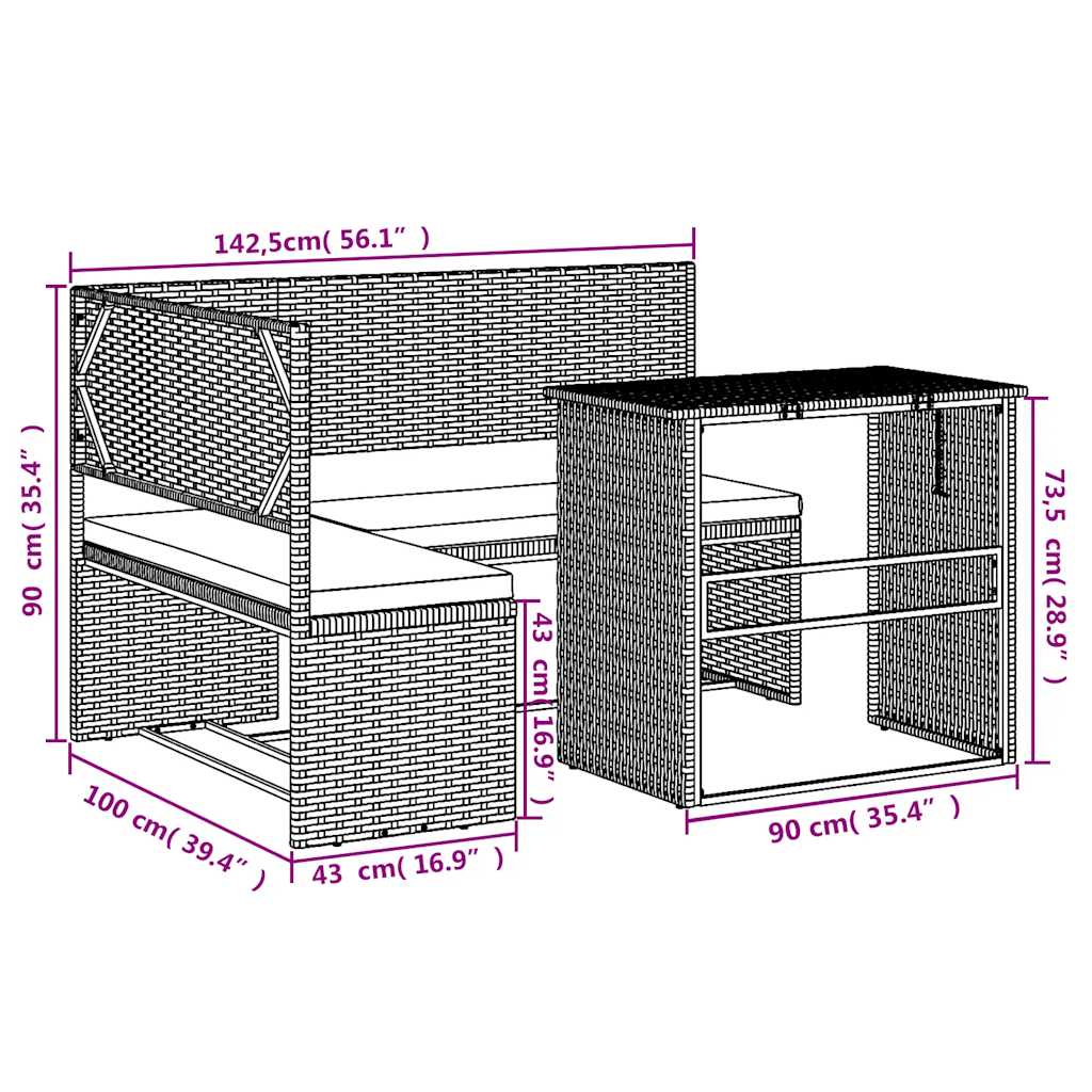 Divano da Giardino con Tavolo e Cuscini a L Marrone Polyrattan - homemem39