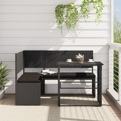 Divano da Giardino con Tavolo e Cuscini a L Nero in Polyrattan | homemem39