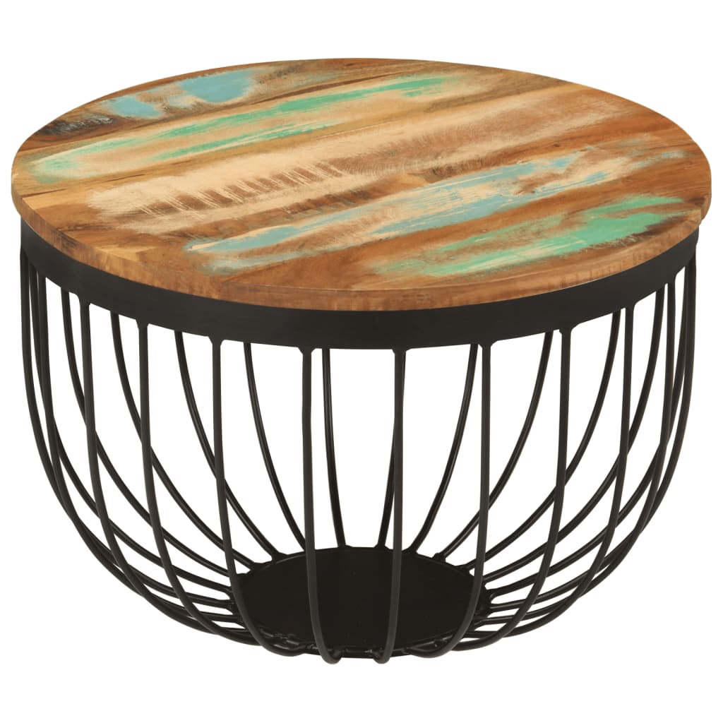 Tavolino Ø50x35 cm in Legno Massello di Recupero e Acciaio