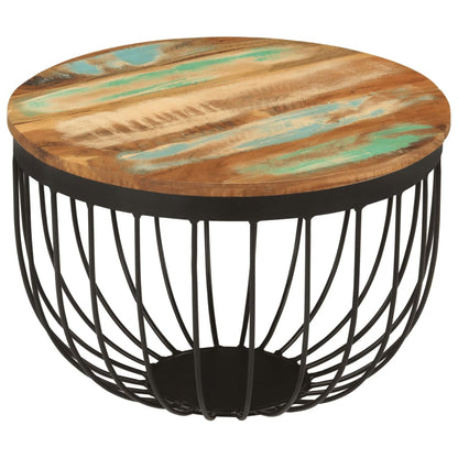 Tavolino Ø50x35 cm in Legno Massello di Recupero e Acciaio