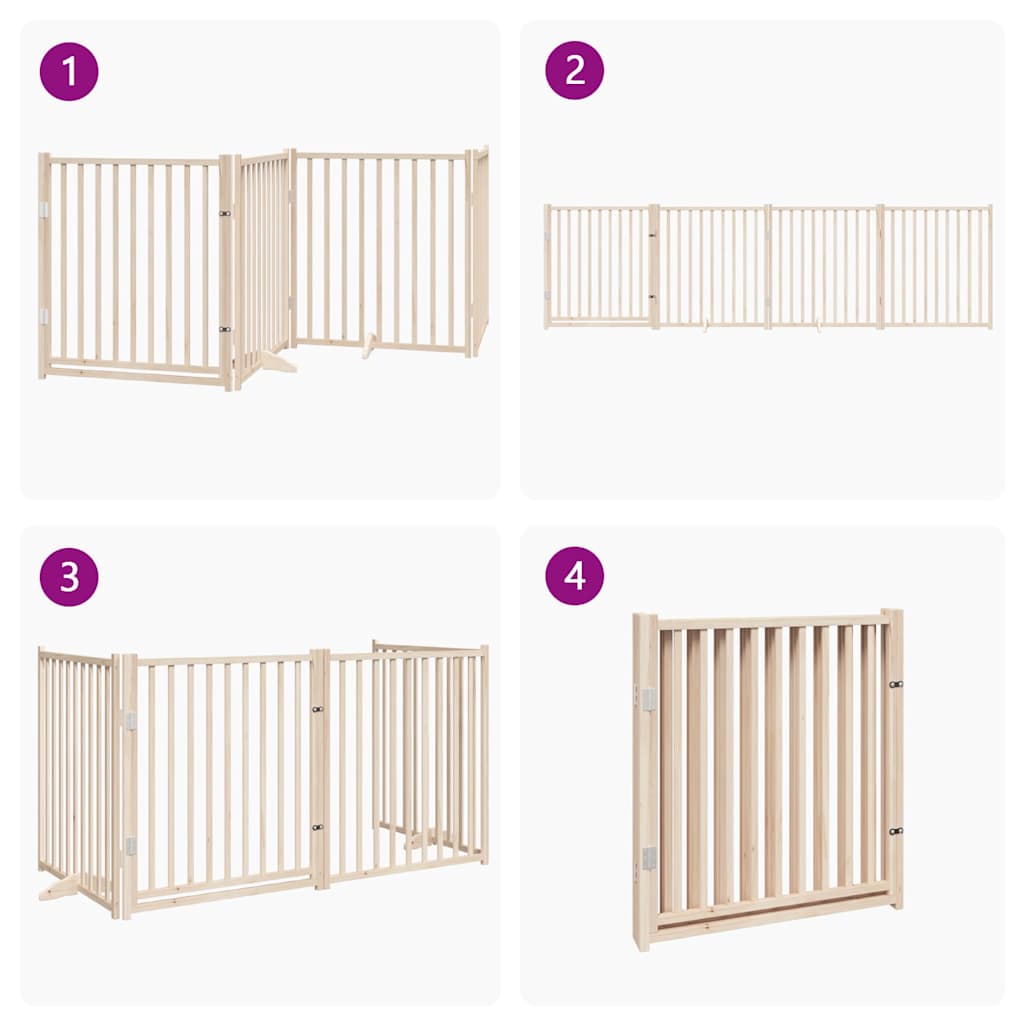 Cancelletto per cani con porta pieghevole 4 pannelli 320 cm in legno massello di abete