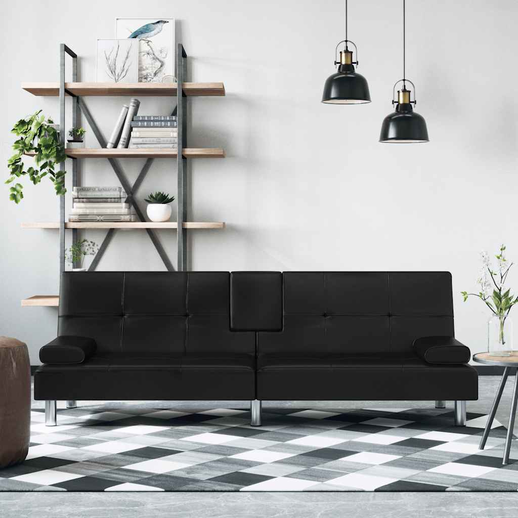 Divano Letto con Portabicchieri in Similpelle Nero | homemem39