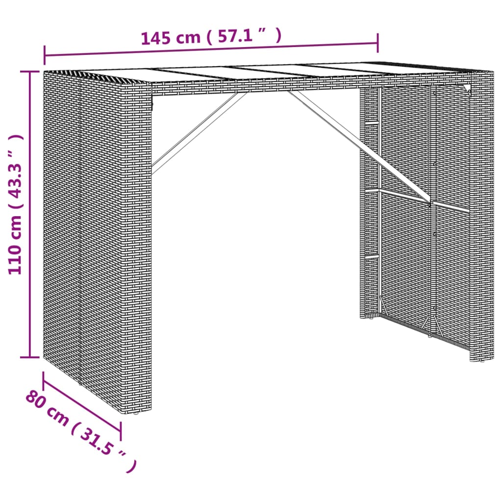 Tavolo Bar con Piano in Vetro Marrone 145x80x110 cm Polyrattan - homemem39
