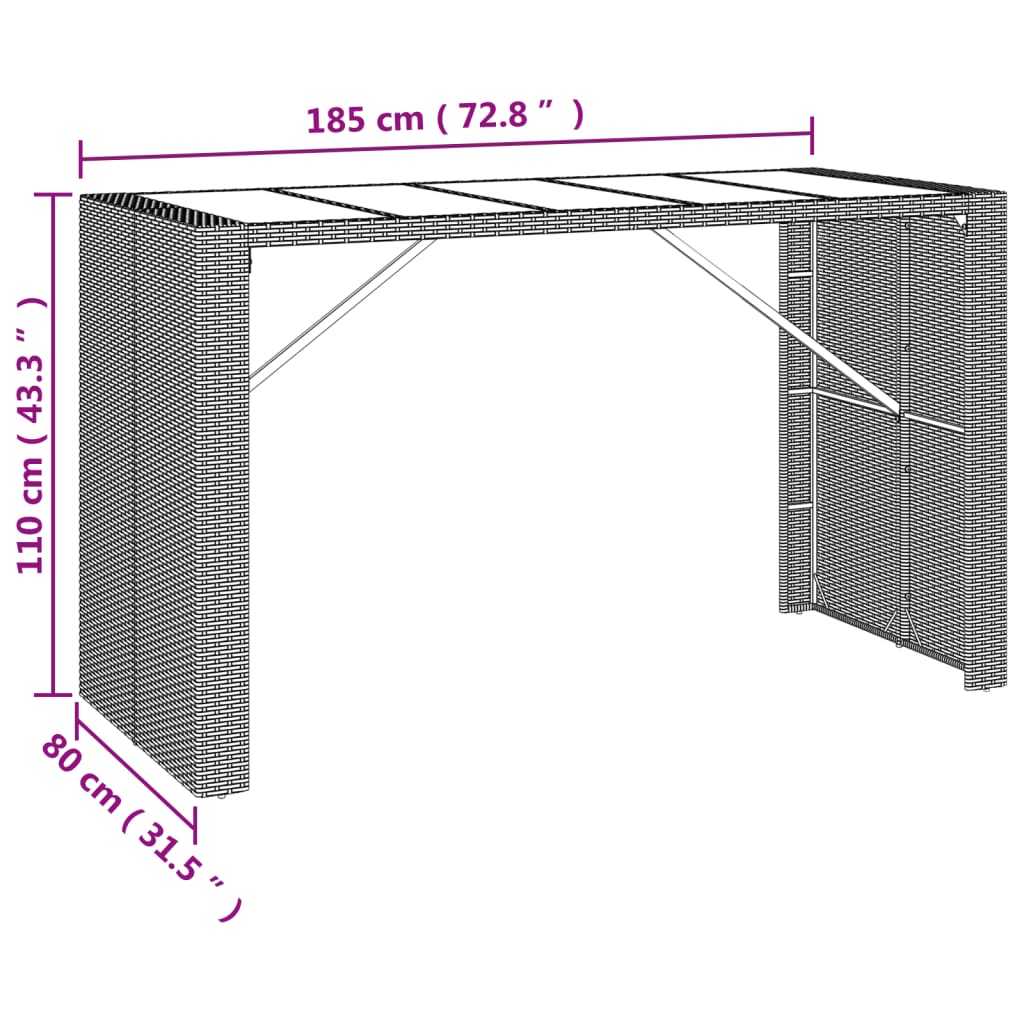 Tavolo Bar con Piano in Vetro Marrone 185x80x110 cm Polyrattan - homemem39