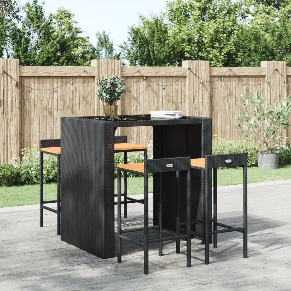 Sgabelli da Bar 4pz Neri Polyrattan e Legno Massello di Acacia - homemem39