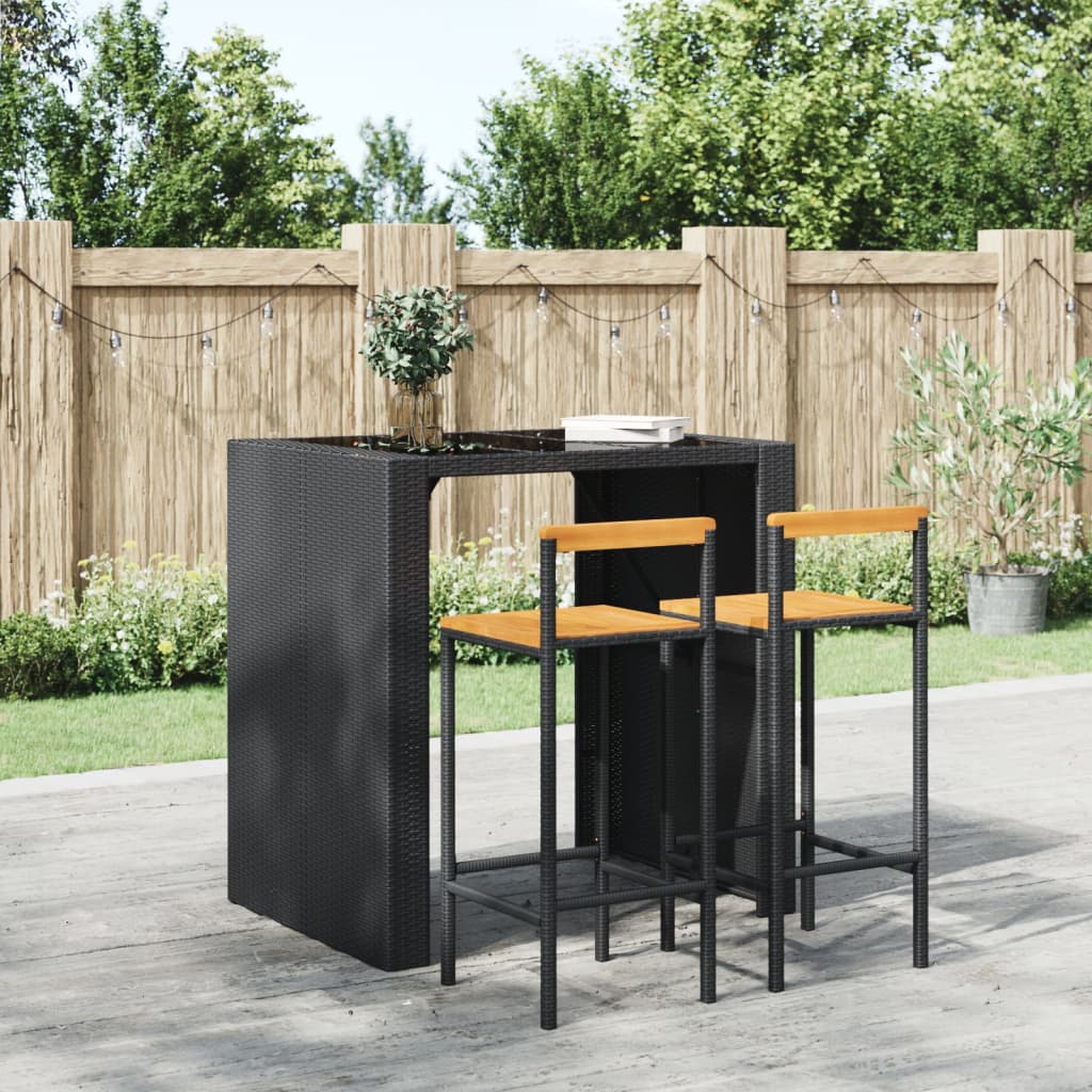 Sgabelli da Bar 2pz Neri Polyrattan e Legno Massello di Acacia - homemem39