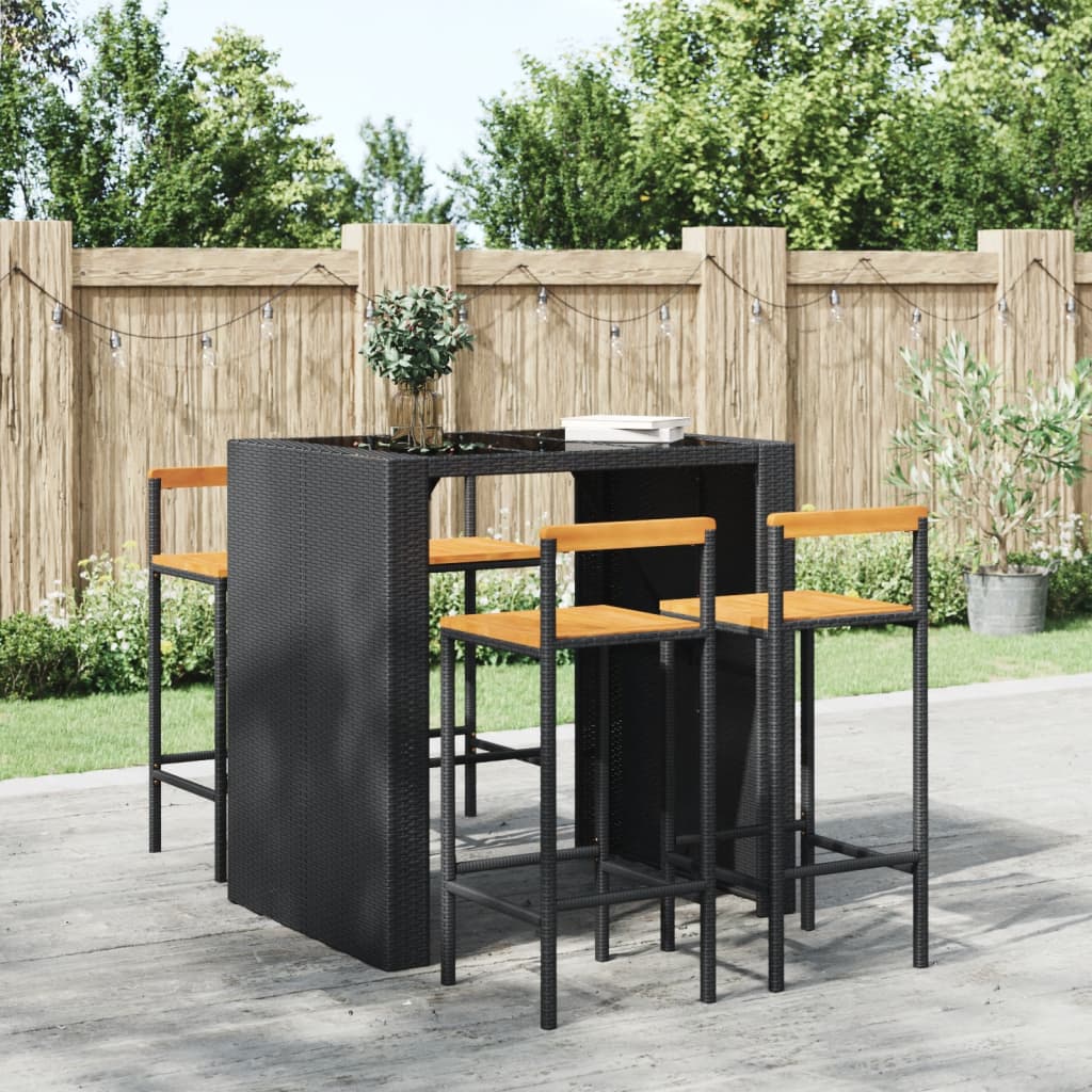 Sgabelli da Bar 4pz Neri Polyrattan e Legno Massello di Acacia - homemem39