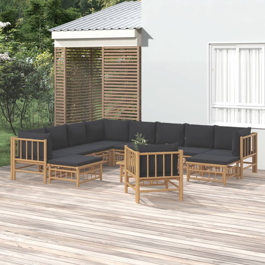 Set Salotto da Giardino 12pz con Cuscini Grigio Scuro Bambù | homemem39