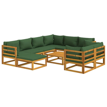 Set Salotto da Giardino 10pz con Cuscini Verdi Legno Massello - homemem39