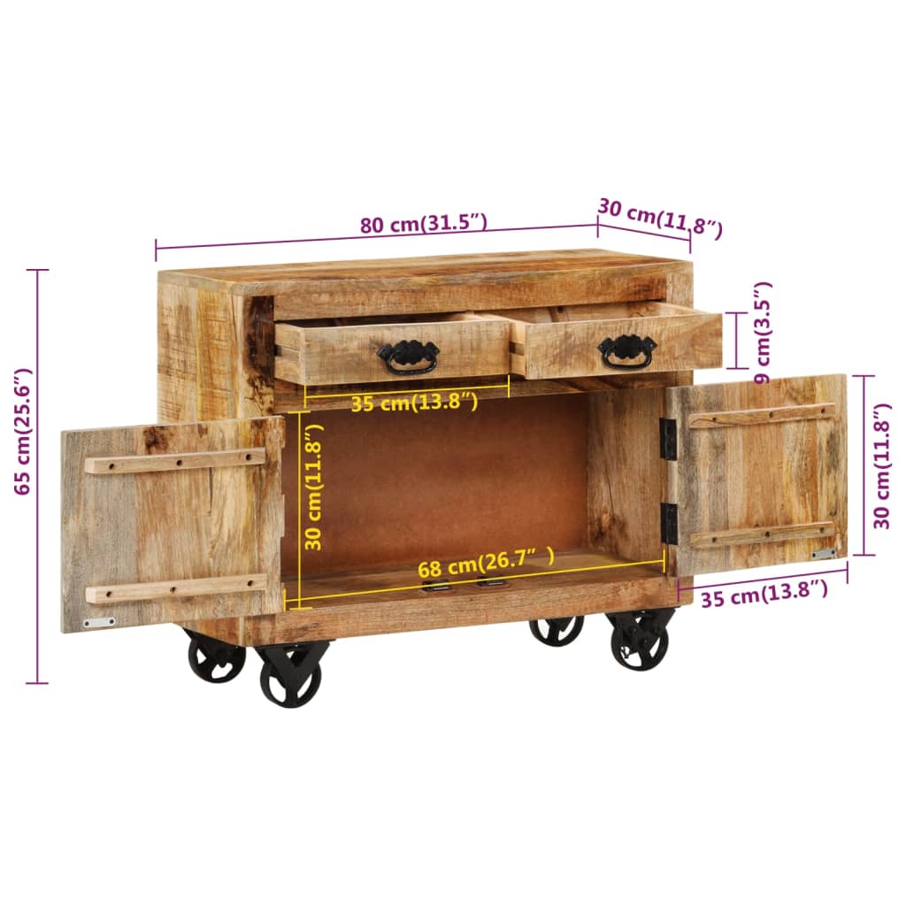 Credenza 80x30x65 cm in Legno Grezzo Massello di Mango - homemem39