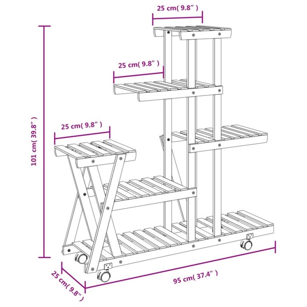 Portafiori con Ruote 95x25x101 cm in Legno Massello di Abete - homemem39