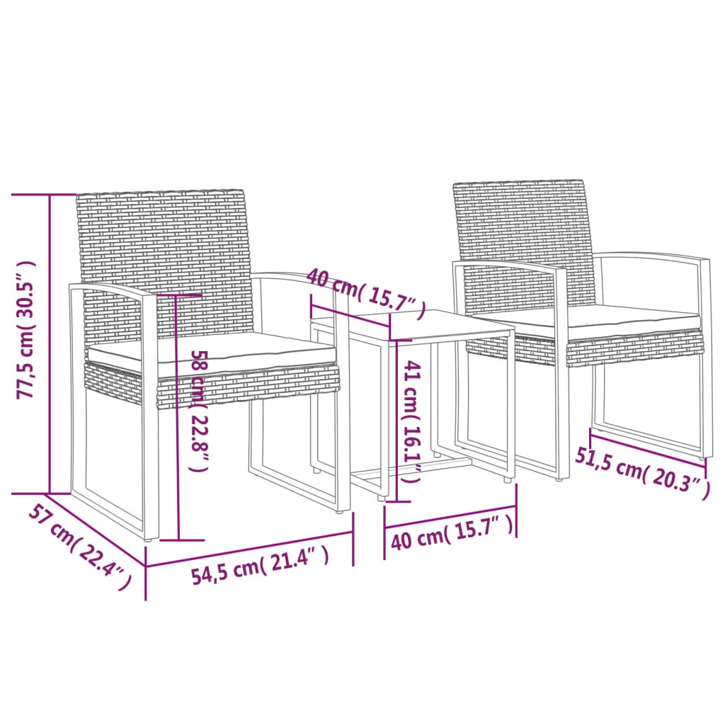 Set Pranzo da Giardino 3 pz con Cuscini Rattan PP Grigio Scuro | homemem39