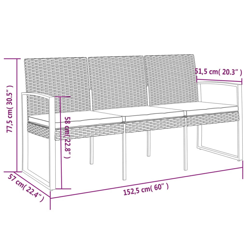 Panca da Giardino a 3 Posti con Cuscini Rattan PP Grigio Scuro | homemem39