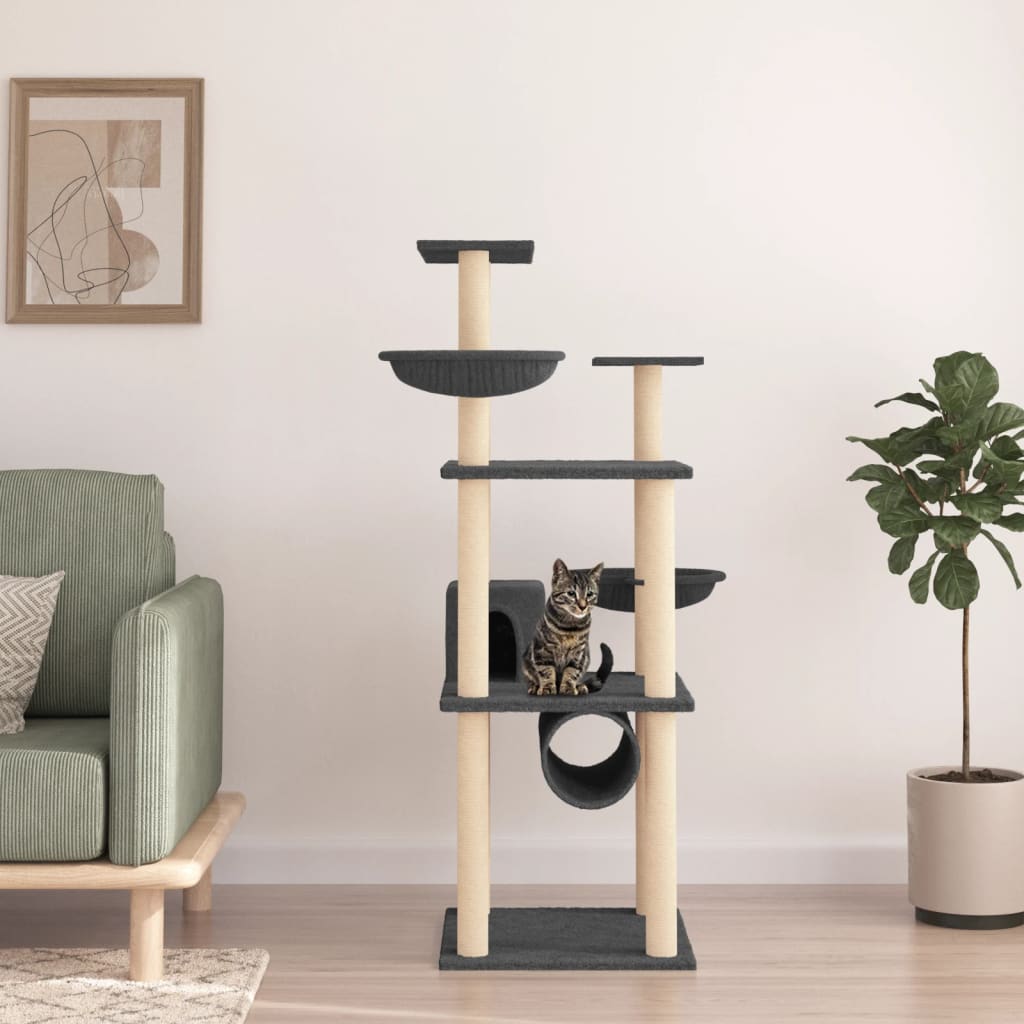 Albero per Gatti con Tiragraffi in Sisal Grigio Scuro 141 cm | homemem39