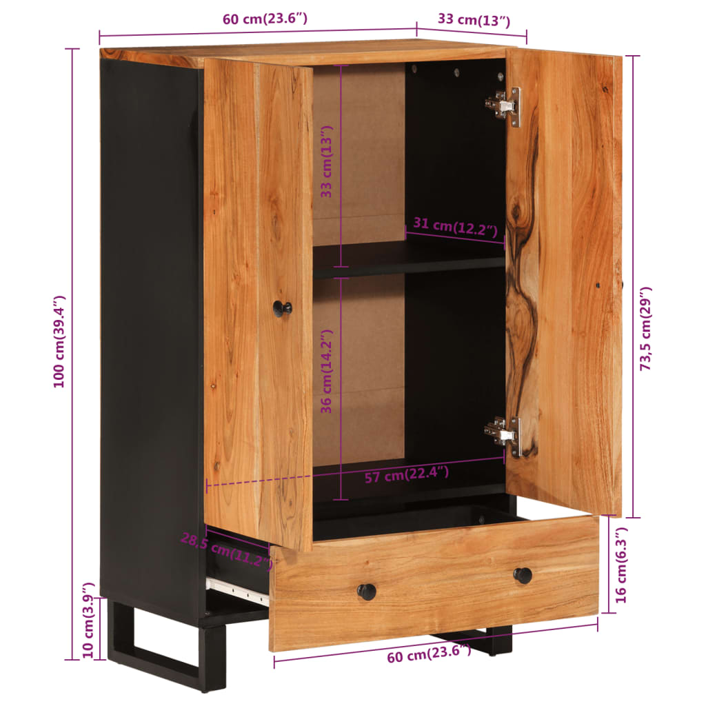 Credenza con Cassetto 60x33x100cm Legno Massello Acacia e Ferro
