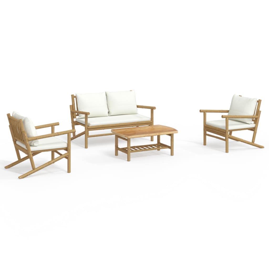 Set Salotto da Giardino 4pz con Cuscini Bianco Crema in Bambù | homemem39