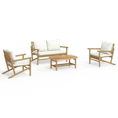 Set Salotto da Giardino 4pz con Cuscini Bianco Crema in Bambù | homemem39