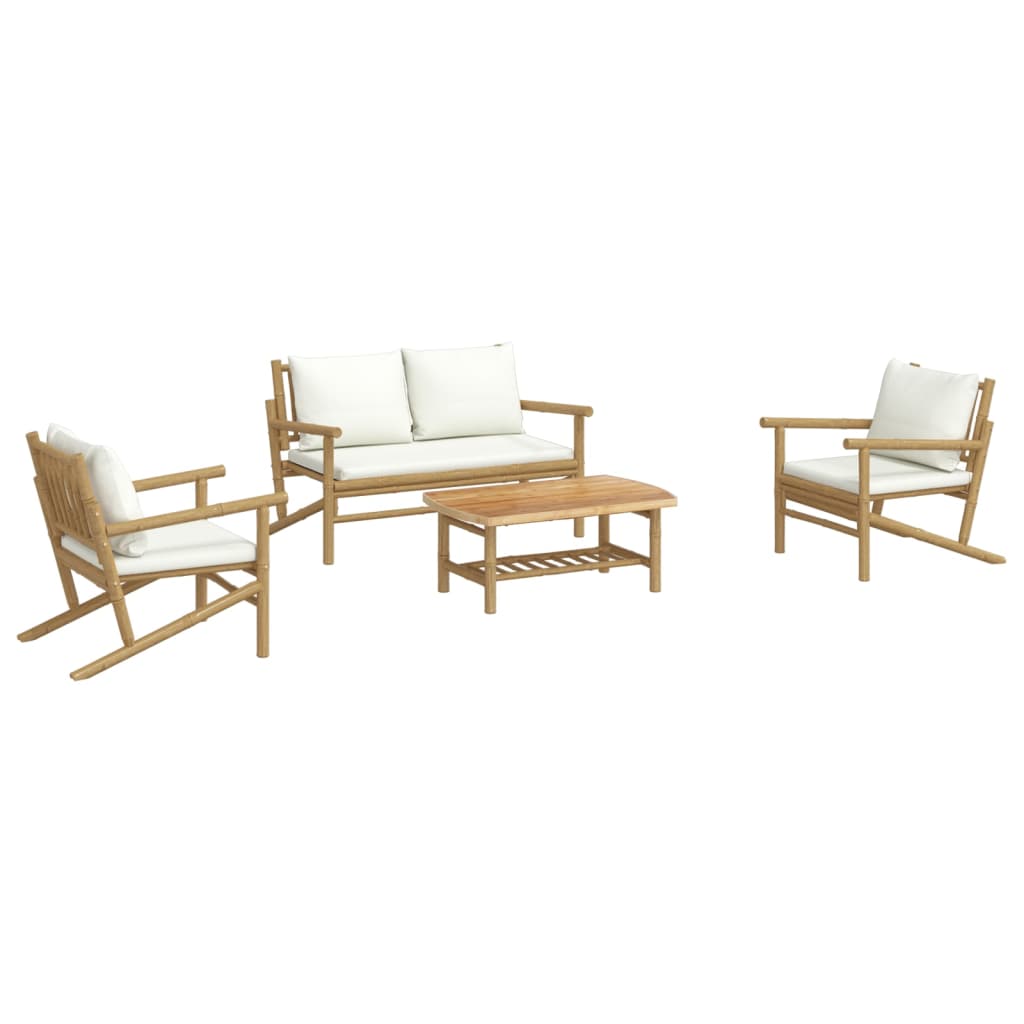 Set Salotto da Giardino 4pz con Cuscini Bianco Crema in Bambù | homemem39