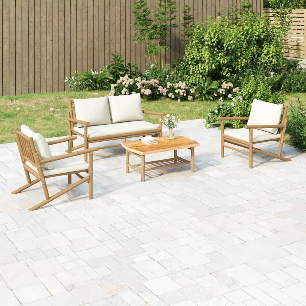 Set Salotto da Giardino 4pz con Cuscini Bianco Crema in Bambù | homemem39