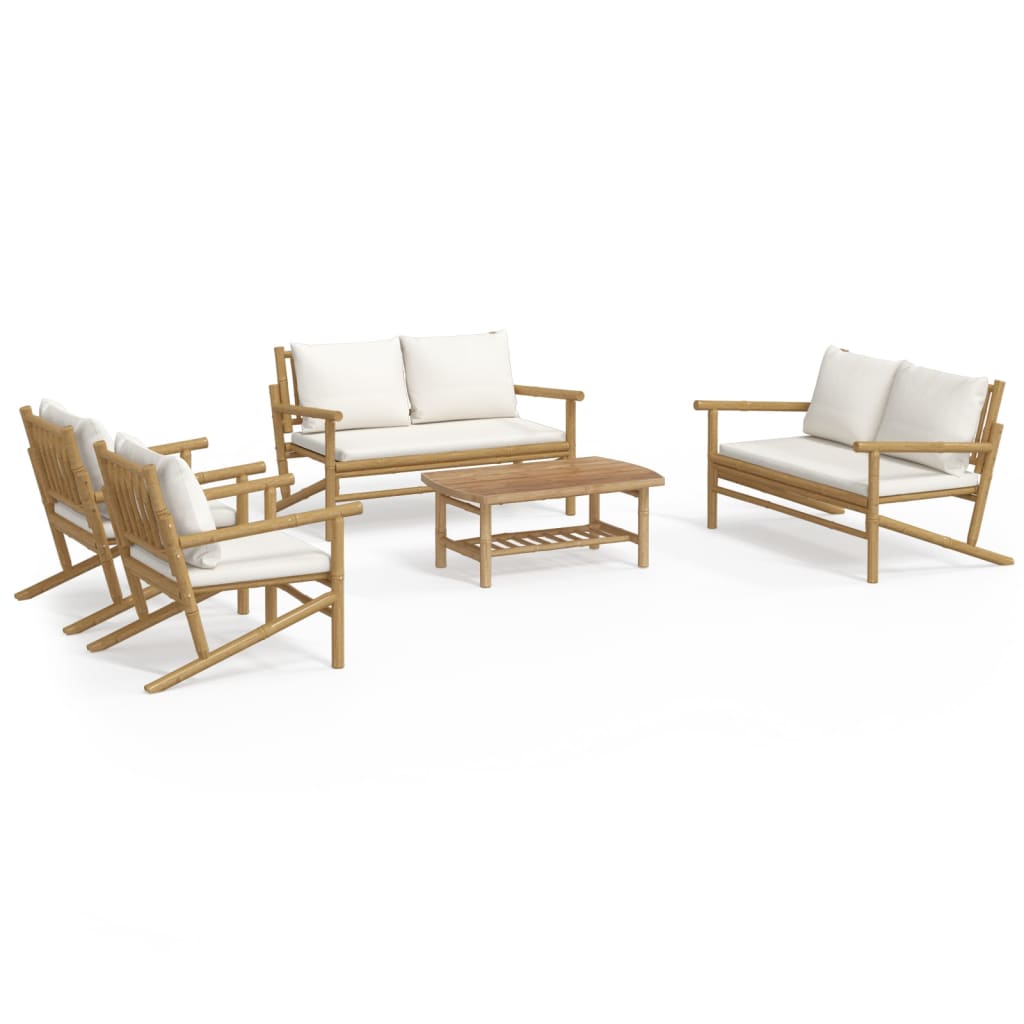 Set Salotto da Giardino 5pz con Cuscini Bianco Crema in Bambù | homemem39