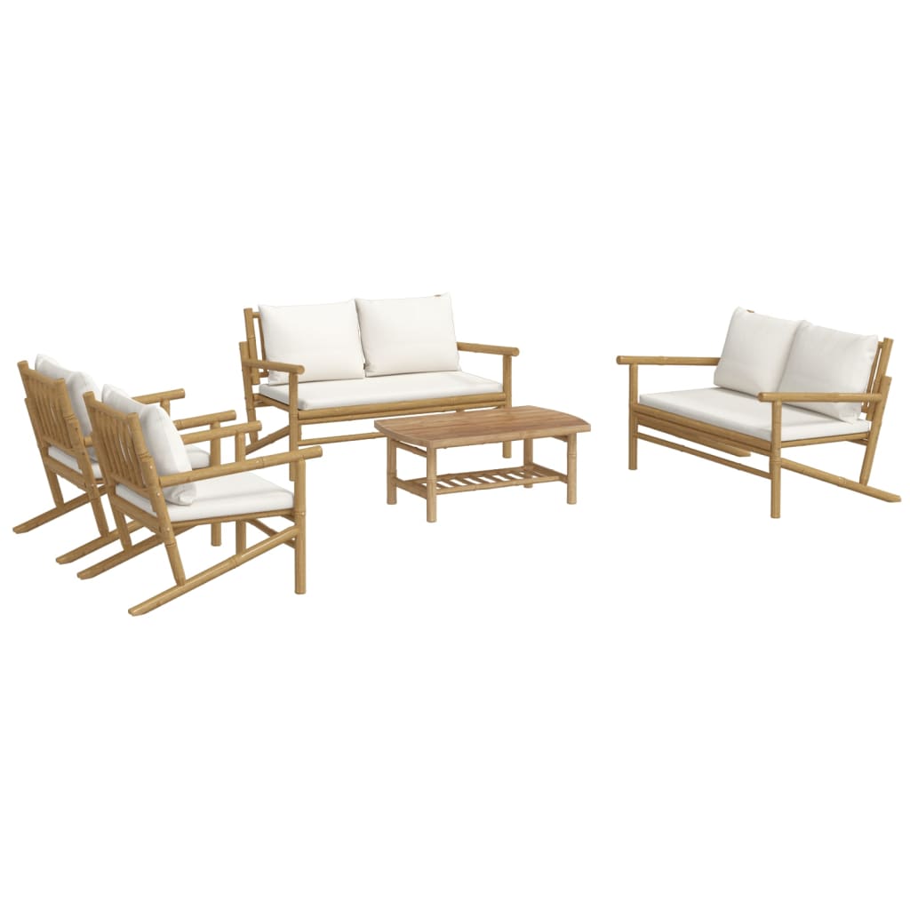 Set Salotto da Giardino 5pz con Cuscini Bianco Crema in Bambù | homemem39