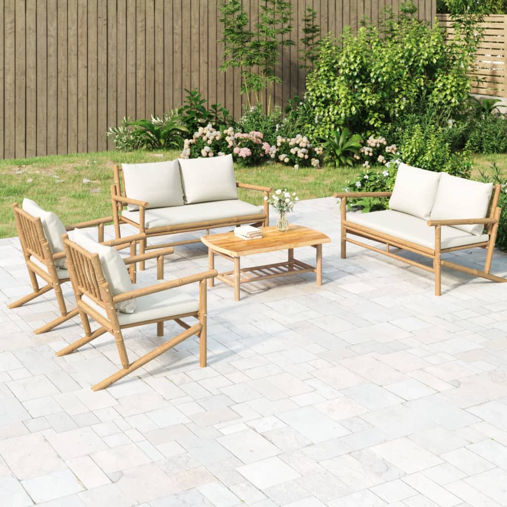 Set Salotto da Giardino 5pz con Cuscini Bianco Crema in Bambù | homemem39
